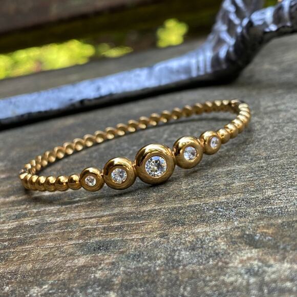 NEW Gold Beaded Bangle Bracelet with Crystal Accents - Picture 3 of 10